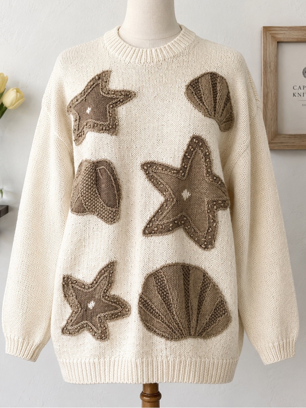 Capeisle Knitters Ramie & Cotton Cream Knit Seashell & Star Sweater Size Large